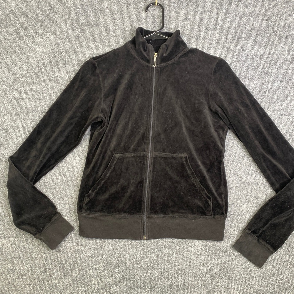 Juicy Couture Vintage Black Velour Track Jacket Zip Up Y2K Medium 10307 USA Made